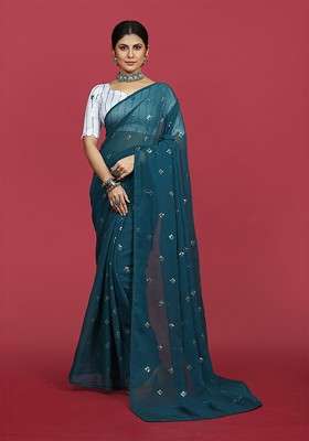 Teal Embroidered Blended Saree Set