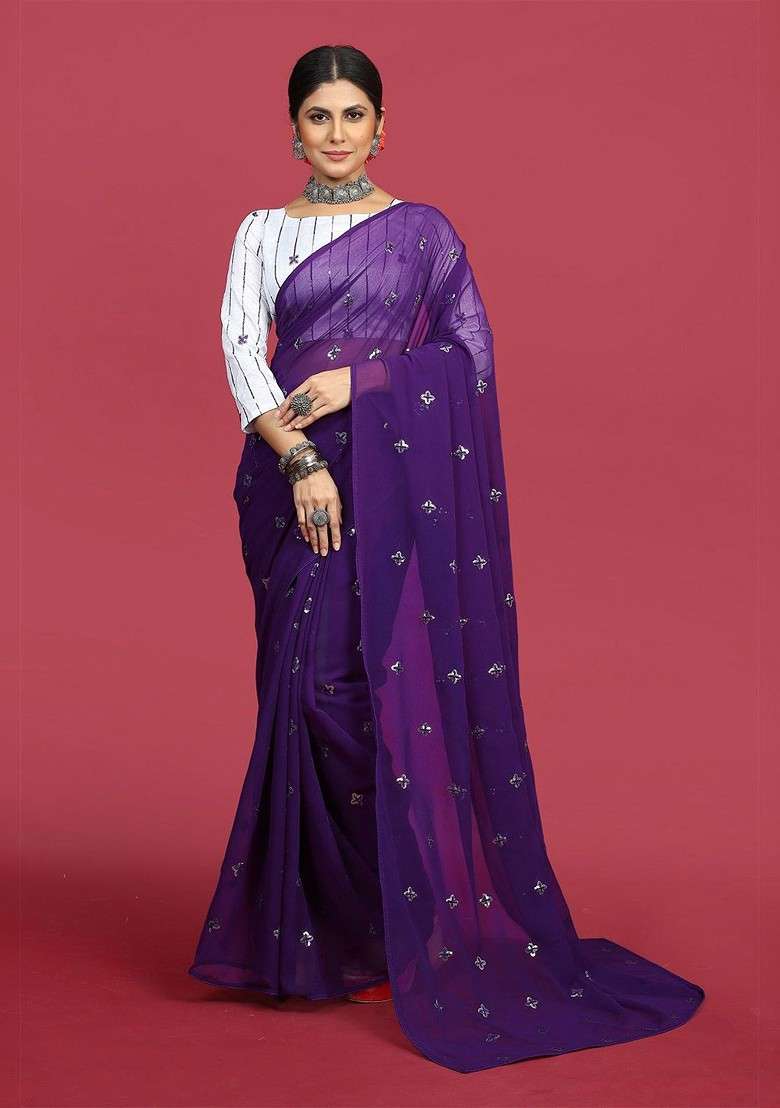 Purple Sequin Embellished Blended Saree Set - Indya