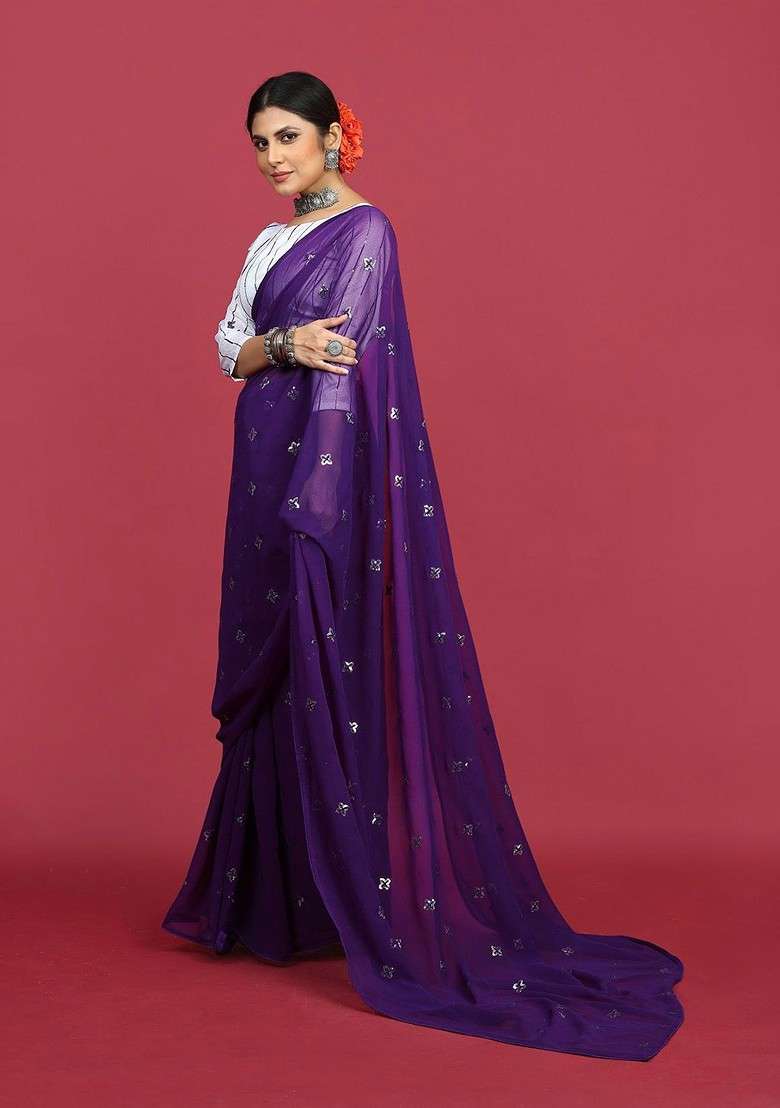 Purple Sequin Embellished Blended Saree Set - Indya