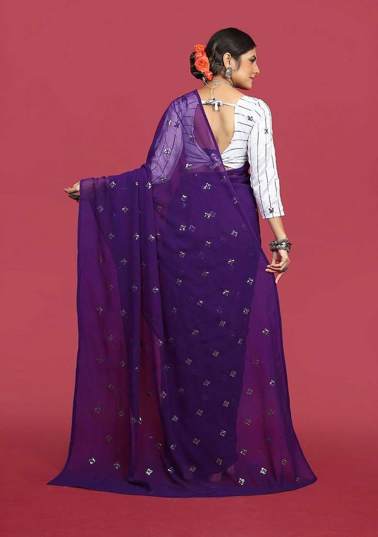 Purple Sequin Embellished Blended Saree Set - Indya