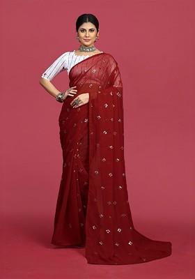 Maroon Embellished Blended Saree Set