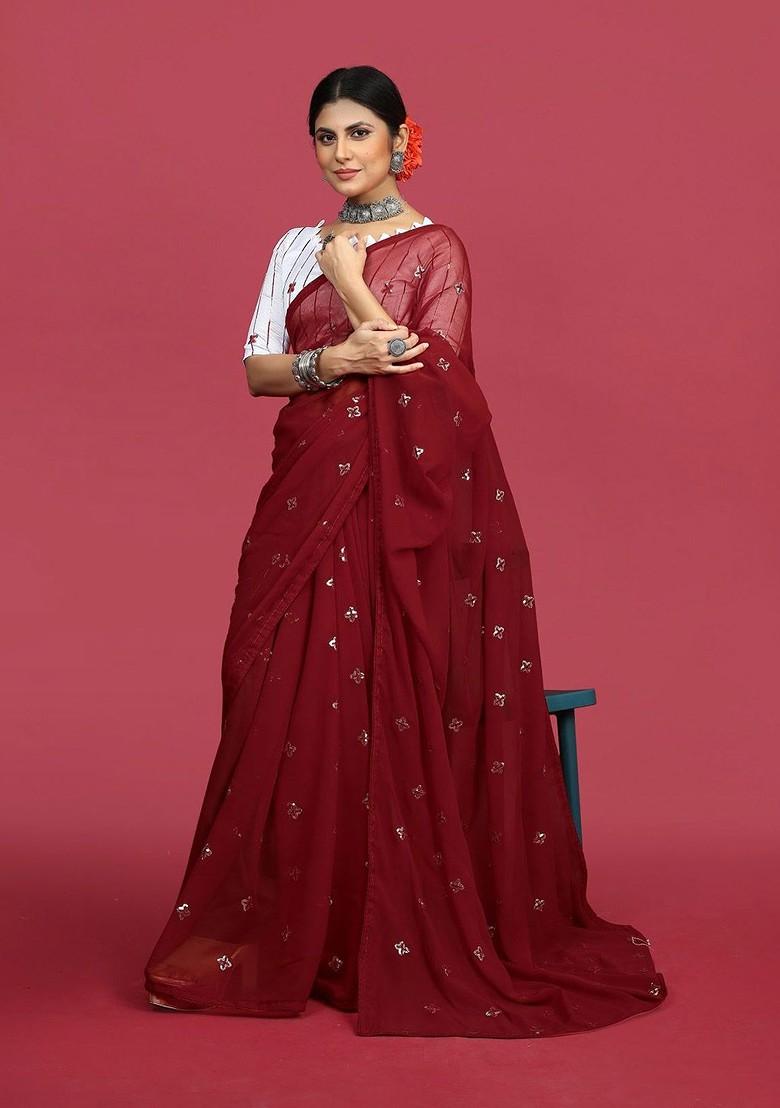 Maroon Embellished Blended Saree Set - Indya