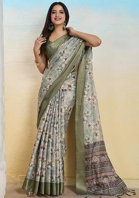 Grey Embroidered Blended Saree Set