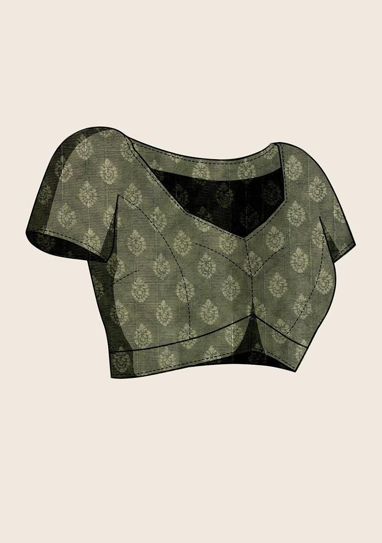 Grey Embroidered Blended Saree Set - Indya