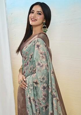 Sea Green Embroidered Blended Saree Set