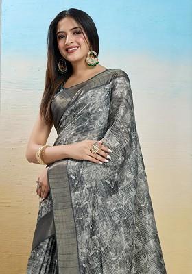Grey Embroidered Blended Saree Set