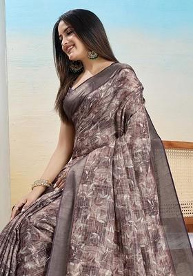 Brown Embroidered Blended Saree Set