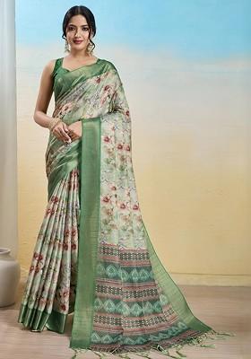 Green Printed Blended Saree Set