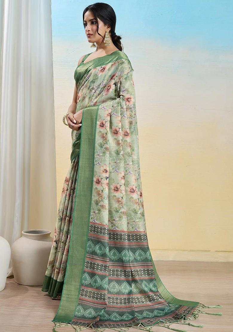 Green Printed Blended Saree Set - Indya