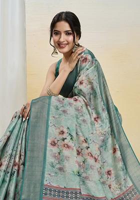 Teal Printed Blended Saree Set
