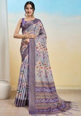 Purple Printed Blended Saree Set