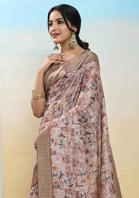 Peach Embroidered Blended Saree Set