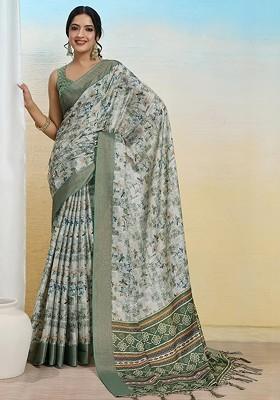Sea Green Embroidered Blended Saree Set