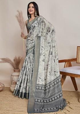 Grey Embroidered Blended Saree Set