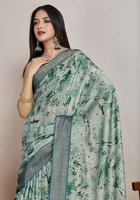 Teal Embroidered Blended Saree Set
