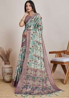 Teal Embroidered Blended Saree Set