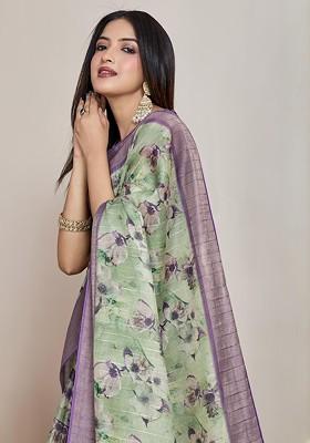 Lime Green Embroidered Blended Saree Set