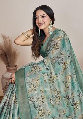 Sea Green Embroidered Blended Saree Set