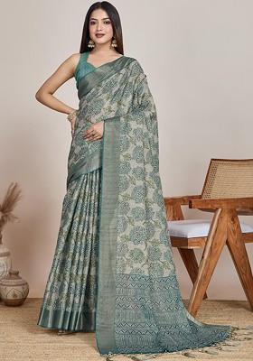 Sea Green Embroidered Blended Saree Set