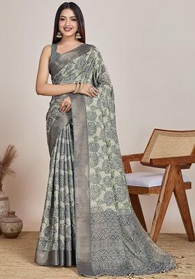 Grey Embroidered Blended Saree Set