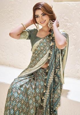 Grey Printed Blended Saree Set