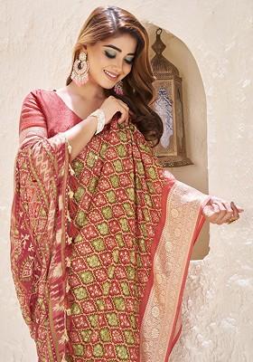Maroon Printed Blended Saree Set