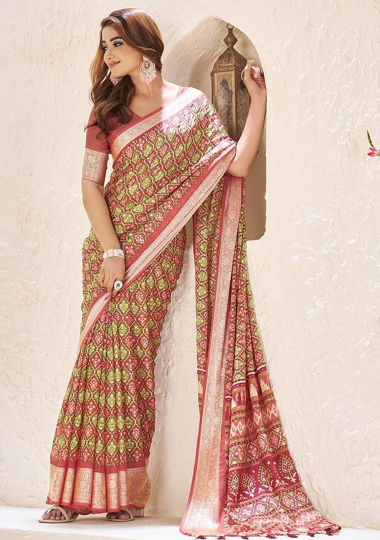 Maroon Printed Blended Saree Set - Indya