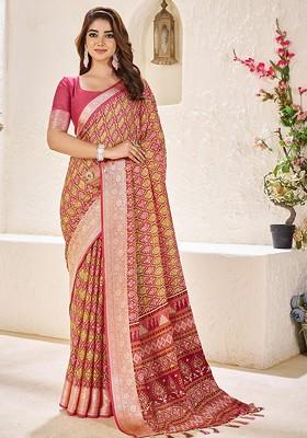 Pink Printed Blended Saree Set
