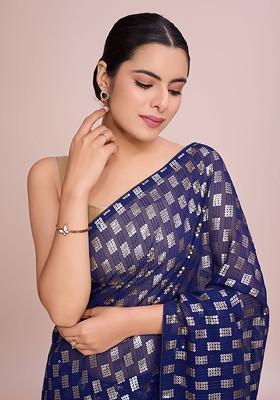Blue Sequin Embellished Blended Saree Set