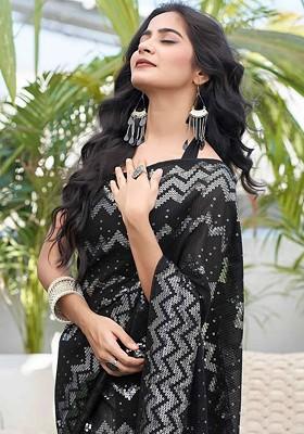 Black Embroidered Blended Saree Set