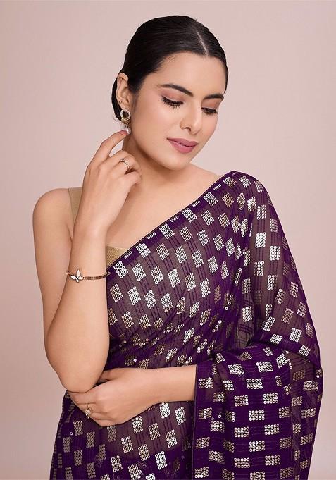 Purple Sequin Embellished Blended Saree Set