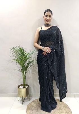 Black Embroidered Blended Saree Set