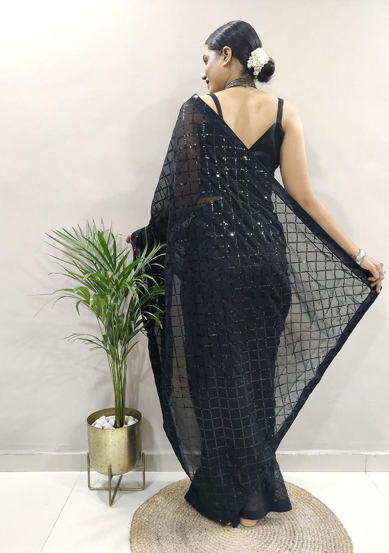 Black Embroidered Blended Saree Set - Indya