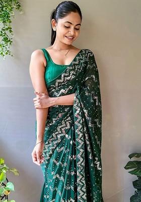 Green Embellished Blended Saree Set