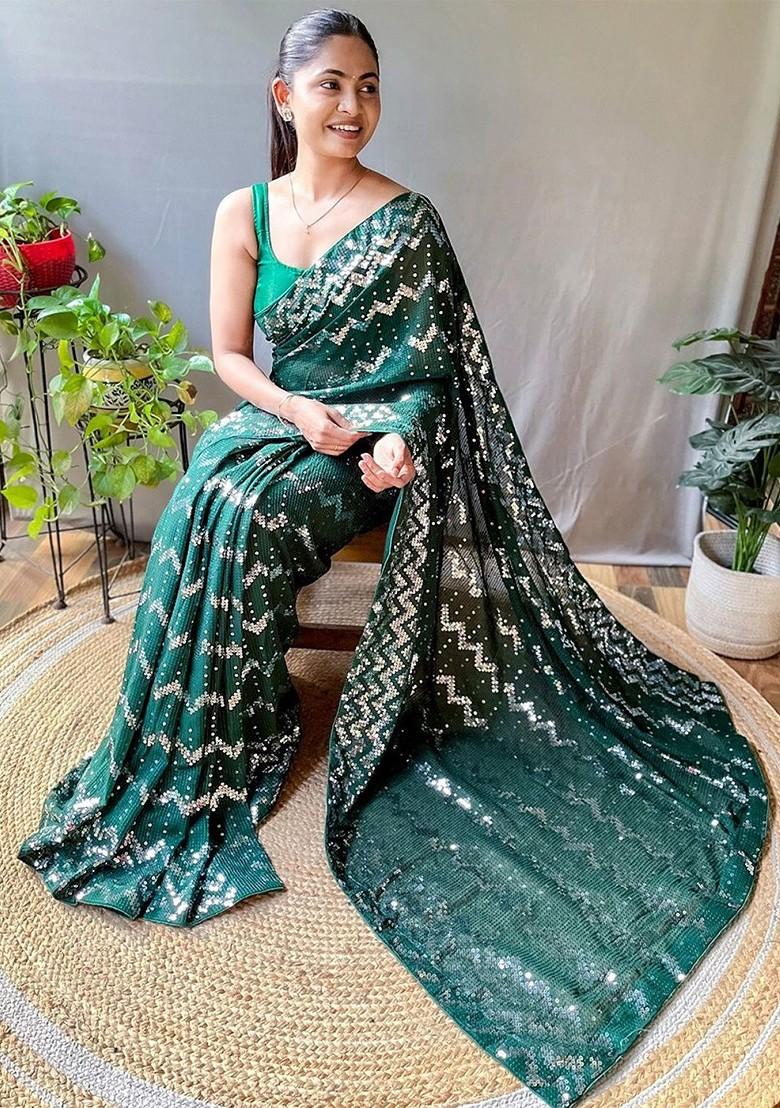 Green Embellished Blended Saree Set - Indya