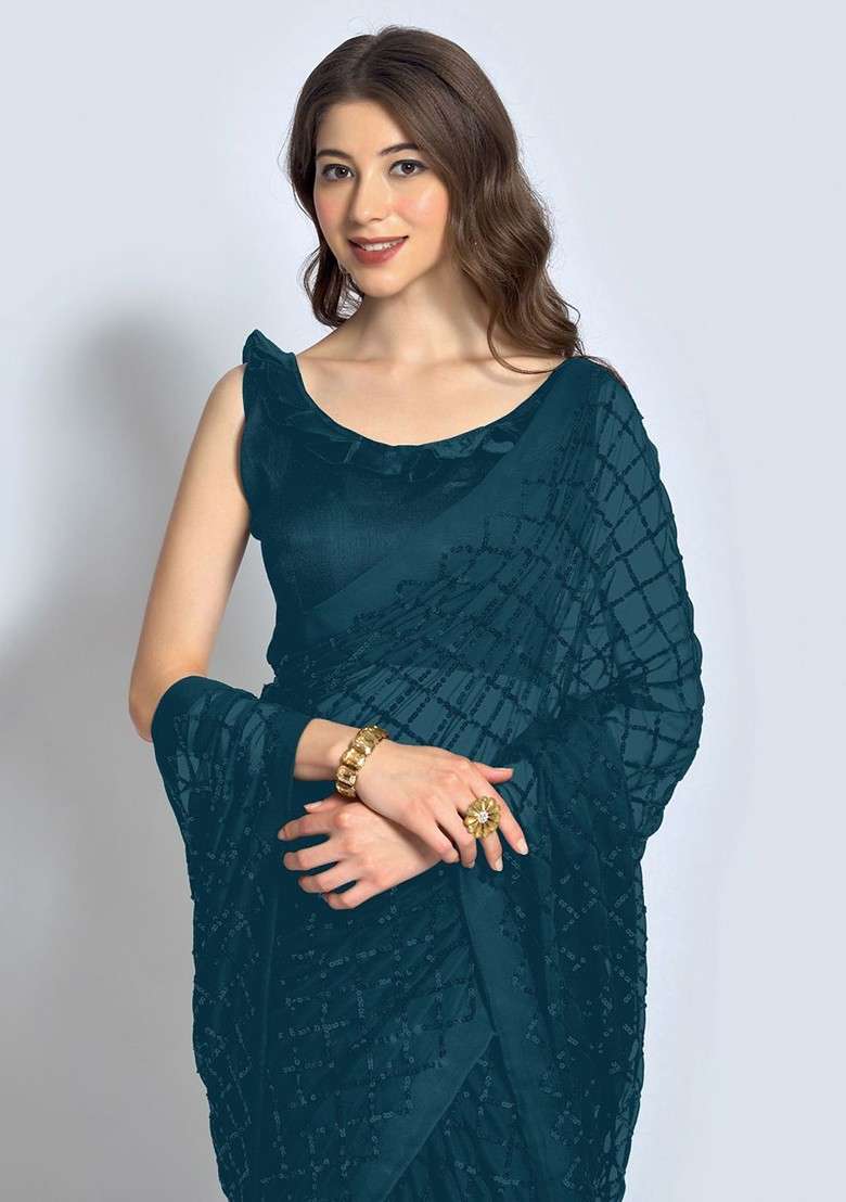 Turquoise Blue Printed Blended Saree Set for Diwali and Festive Wear - Indya
