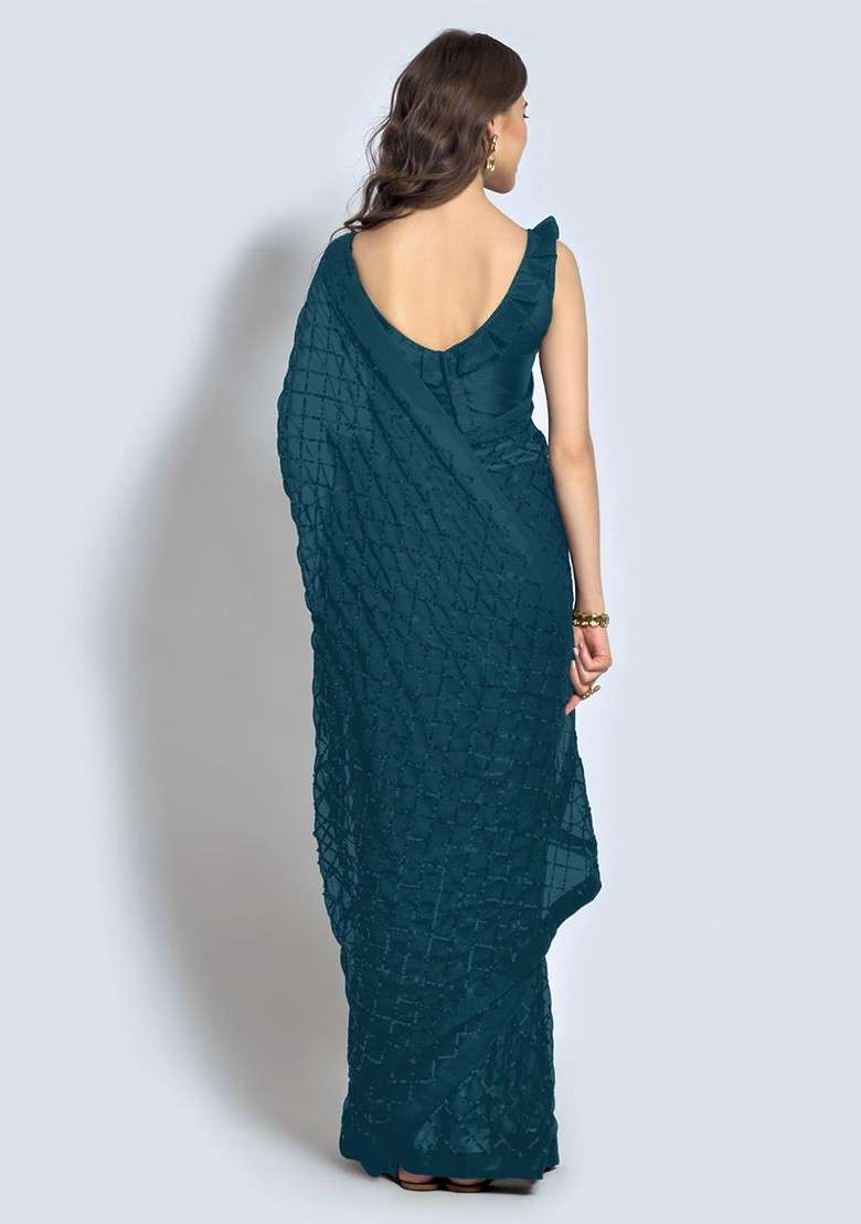 Turquoise Blue Printed Blended Saree Set for Diwali and Festive Wear - Indya