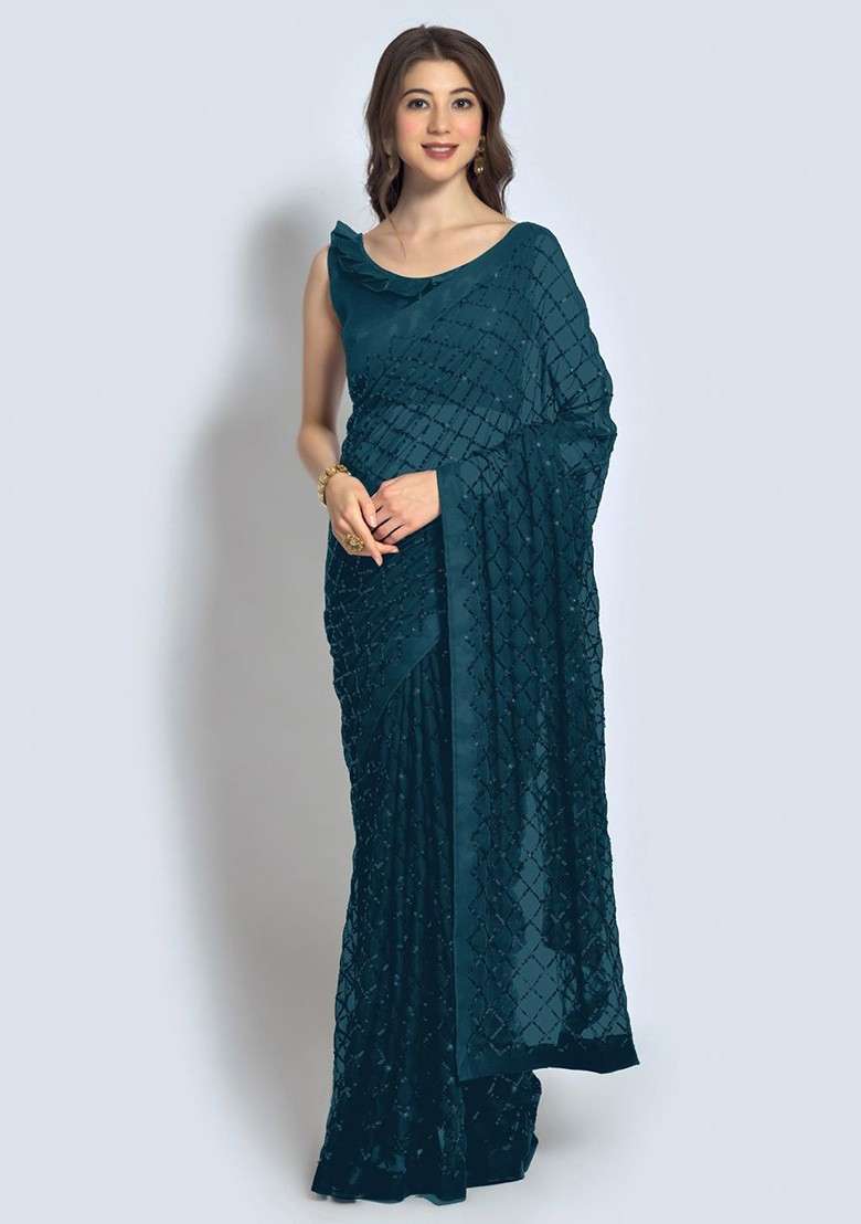 Turquoise Blue Printed Blended Saree Set for Diwali and Festive Wear - Indya