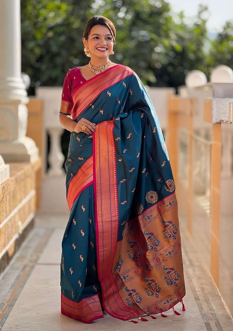 Teal Embroidered Blended Saree Set - Indya