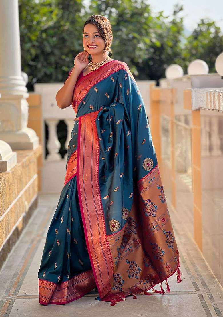 Teal Embroidered Blended Saree Set - Indya
