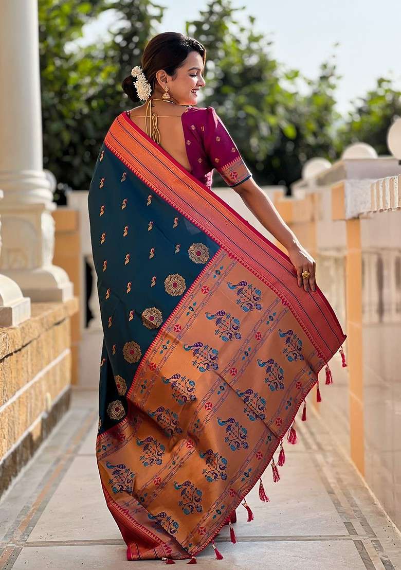 Teal Embroidered Blended Saree Set - Indya