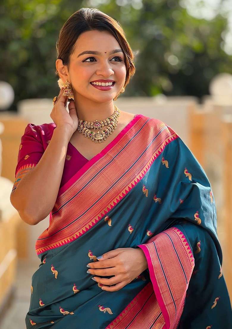 Teal Embroidered Blended Saree Set - Indya
