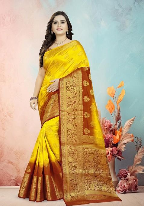 Yellow Jacquard Blended Saree Set — view on Indya