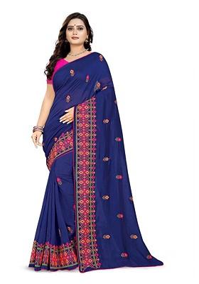 Navy Blue Printed Blended Saree Set