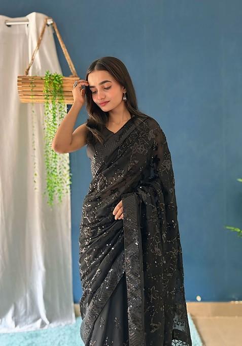 Black Embellished Blended Saree Set