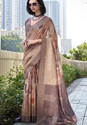 Coffee Brown Embroidered Blended Saree Set