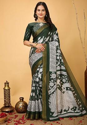 Green Jacquard Blended Saree Set