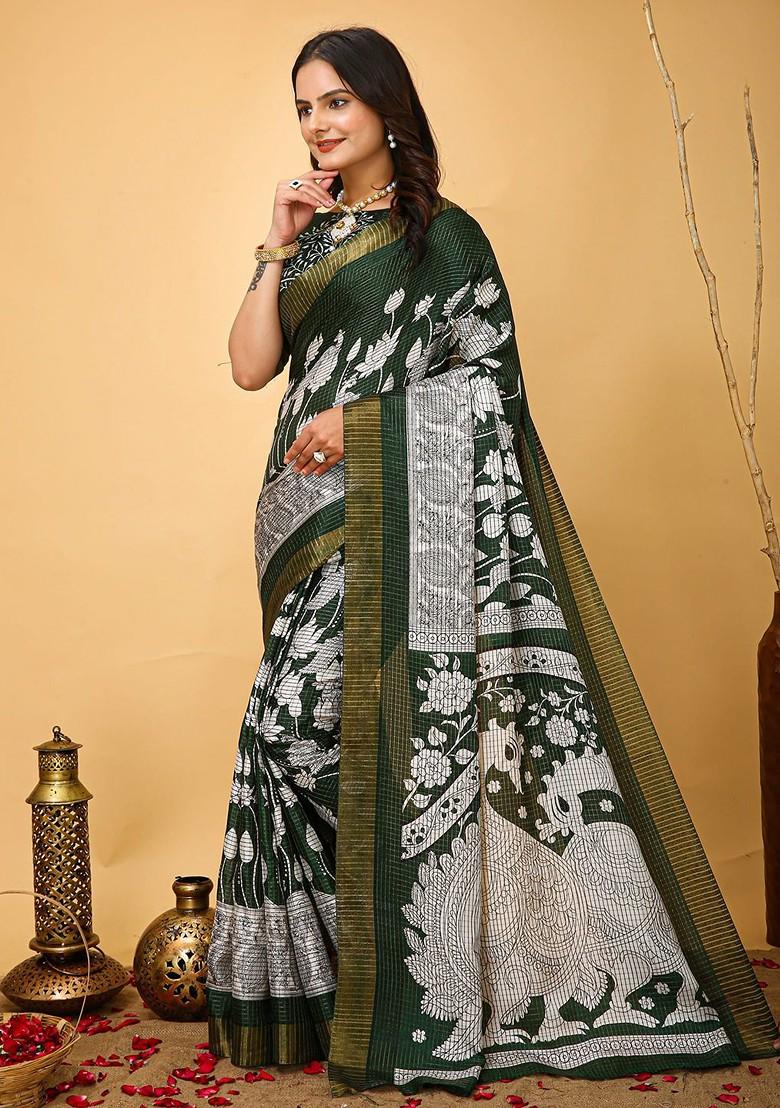 Green Jacquard Blended Saree Set - Indya