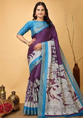 Purple Jacquard Blended Saree Set