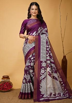 Purple Printed Blended Saree Set